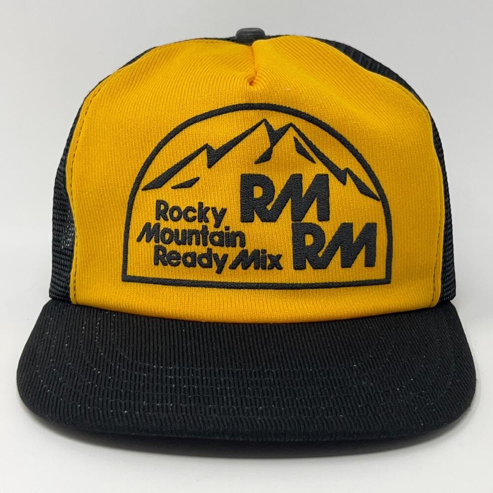 Vintage 80s Rocky Mountain Ready Mix Trucker Hat Baseball Cap Black Snapback USA